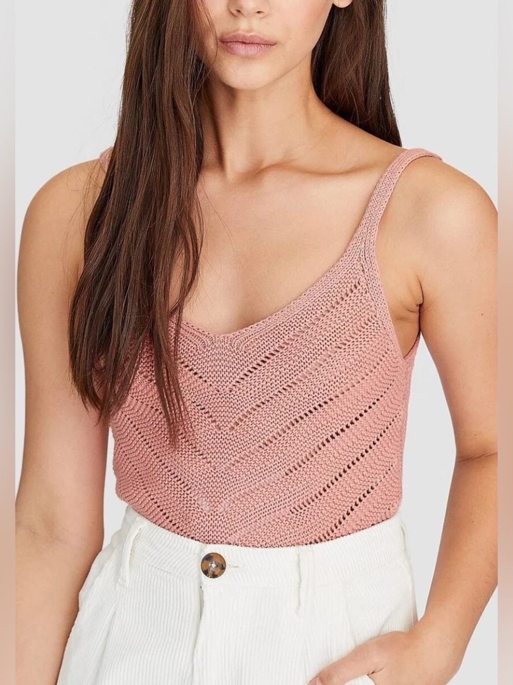🆕 She + Sky | 100% Cotton Pink Crochet Knit V-Neck Tank Top Size Large